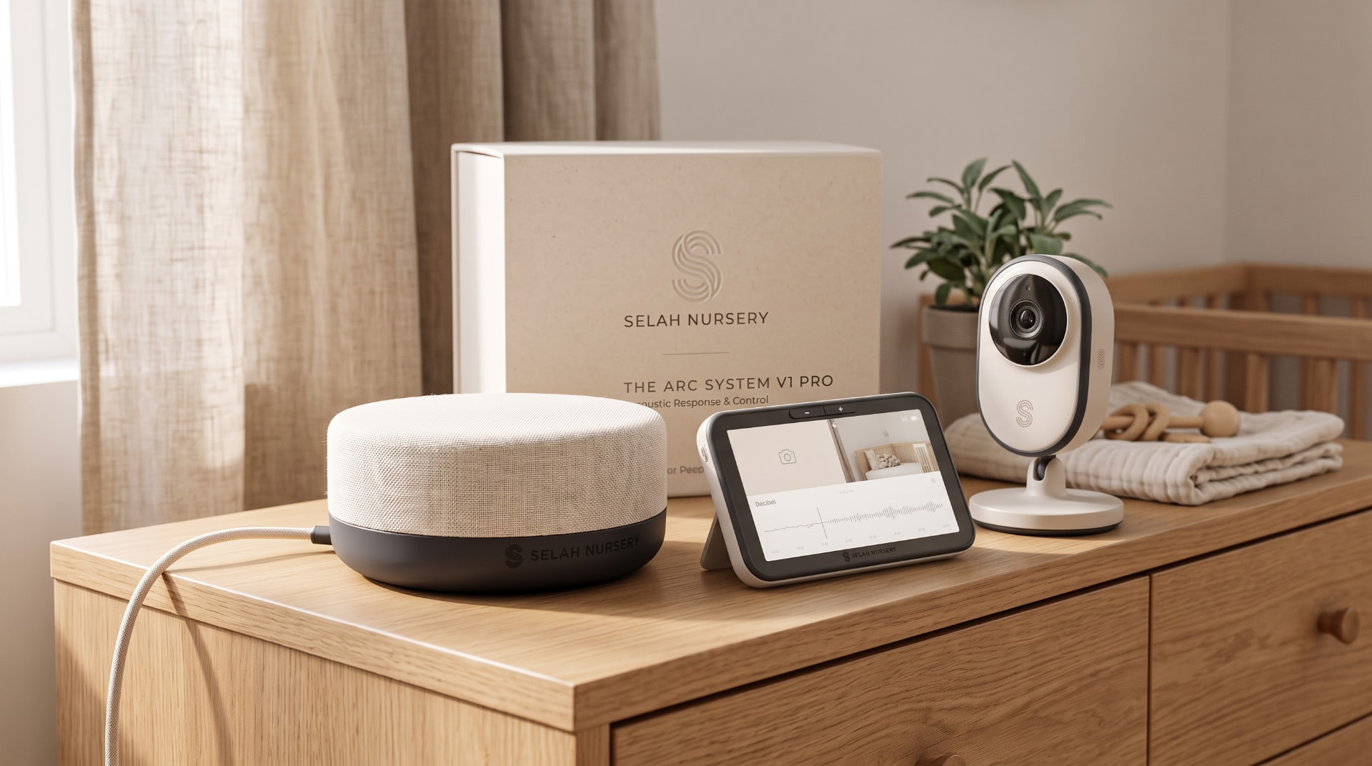 ARC V1 Pro speaker, camera and dedicated Parent Console on an oak dresser